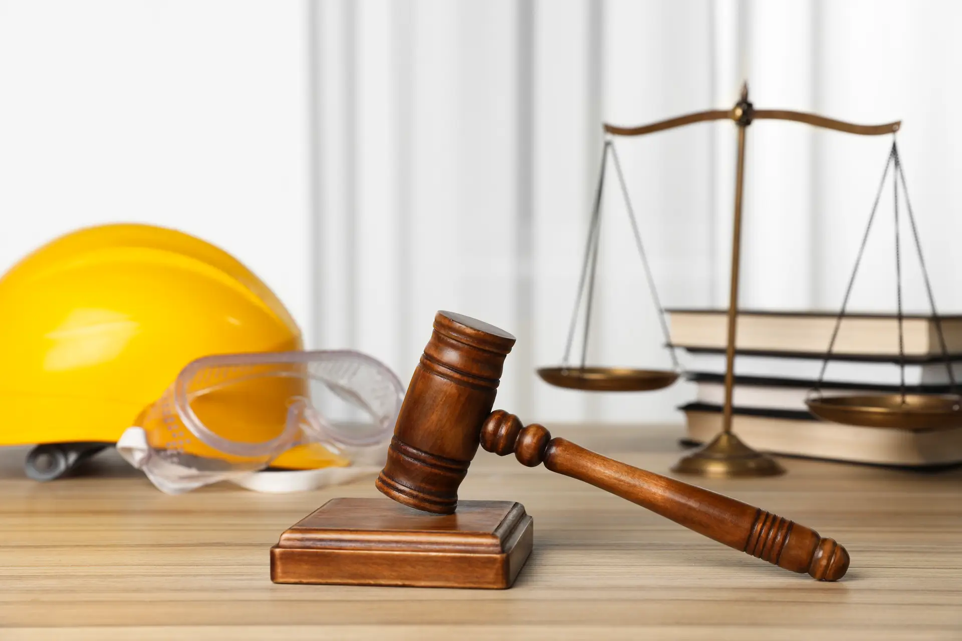 Hard Hat with Judge's Gavel and Law Scale