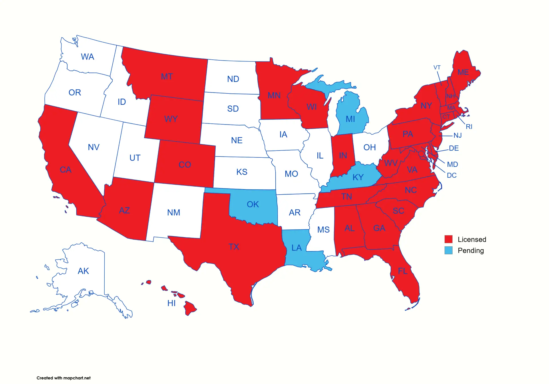 US map showing states RescueMeds is licensed and pending licensed in.