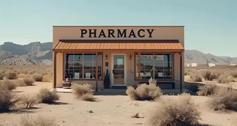 Pharmacy in a desert with tumbleweeds.