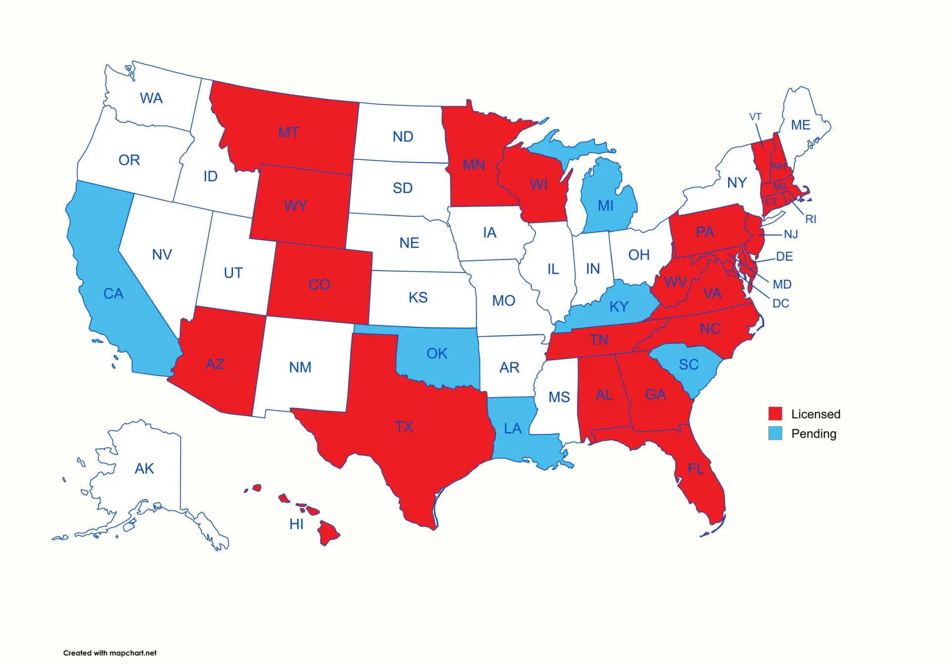 US map showing states RescueMeds is licensed and pending licensed in.