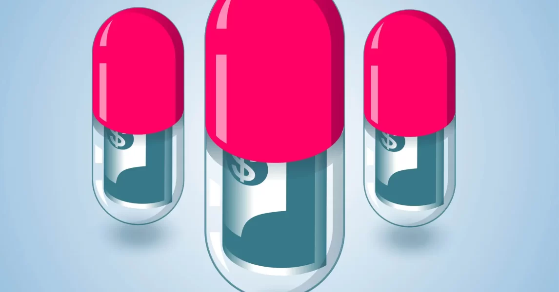 Capsules with banknotes, medical insurance, medical costs, capsules with rolled banknotes