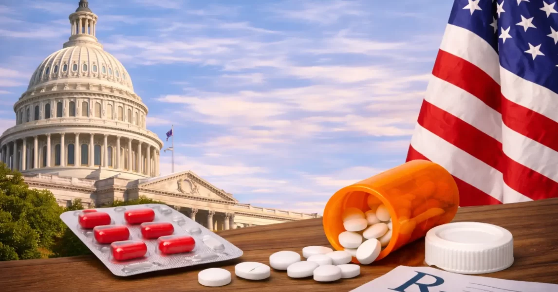 US Capitol building, American flag, and medications