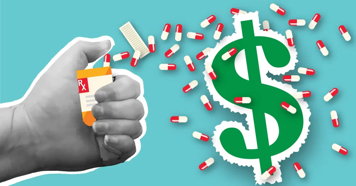 Hand holding bottle of prescription medication with large dollar sign