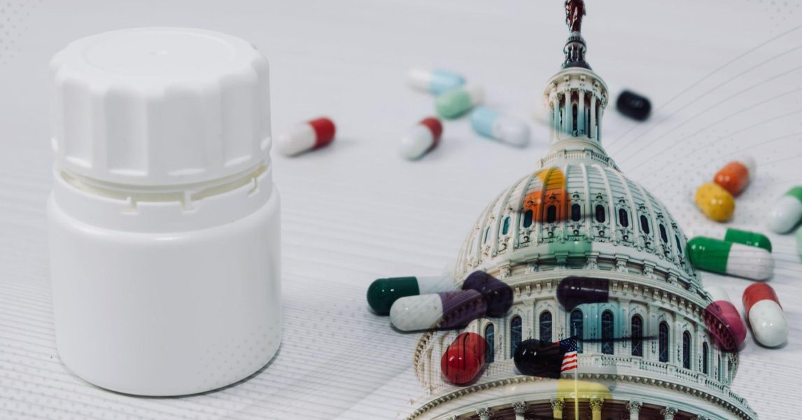 Pill bottle with pills overlaying goveernment building