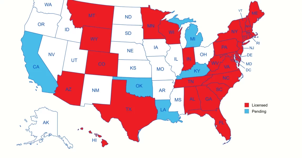 US map showing states RescueMeds is licensed and pending licensed in.